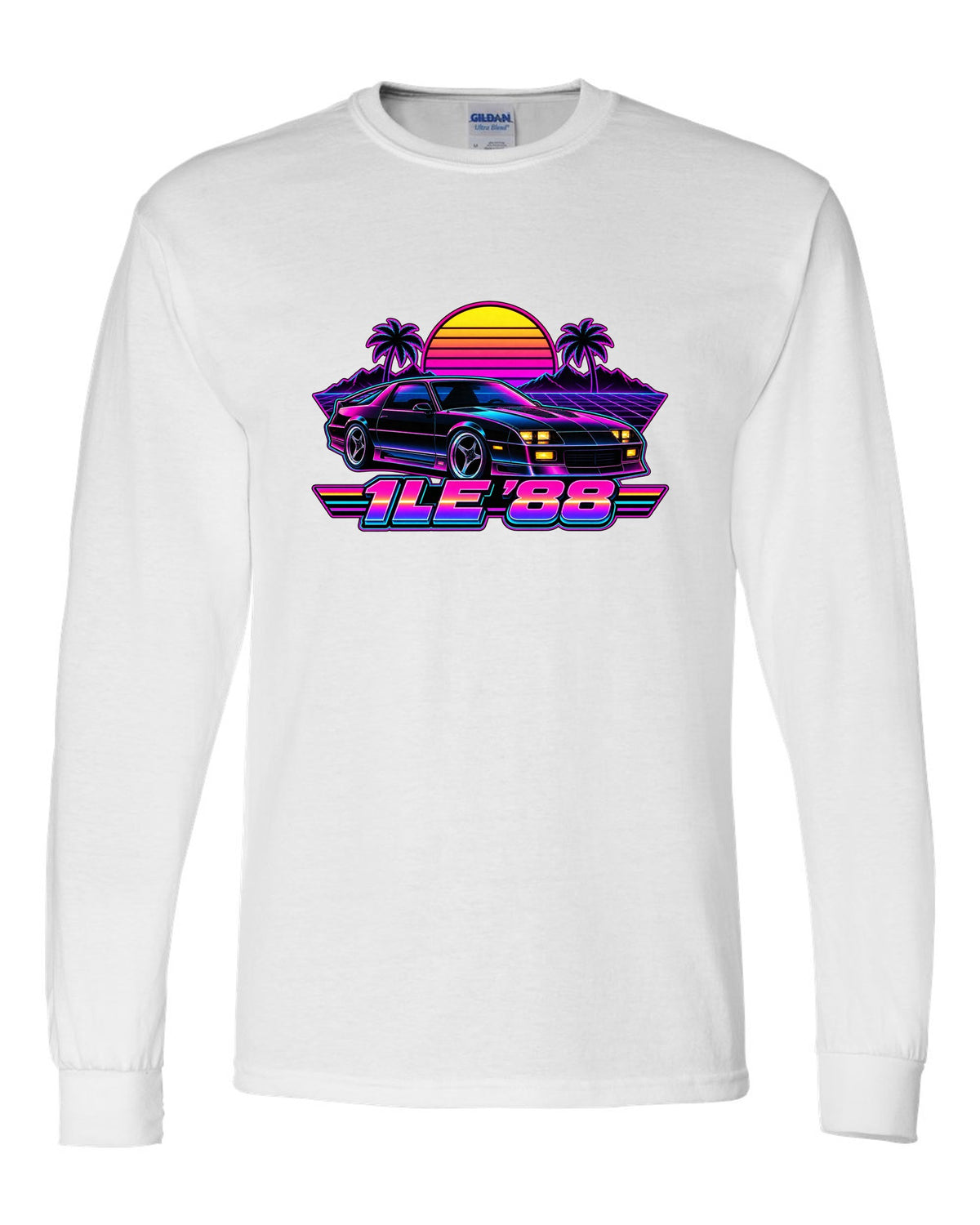 1988 Camaro 1LE third-generation against a synthwave grid horizon with a striped sun and the text 1LE '88 white long sleeve front view with the design