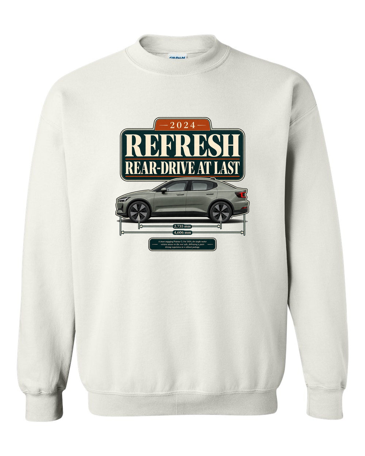 Polestar 2 2024 refresh editorial headline print on a shirt white crewneck front view with the design