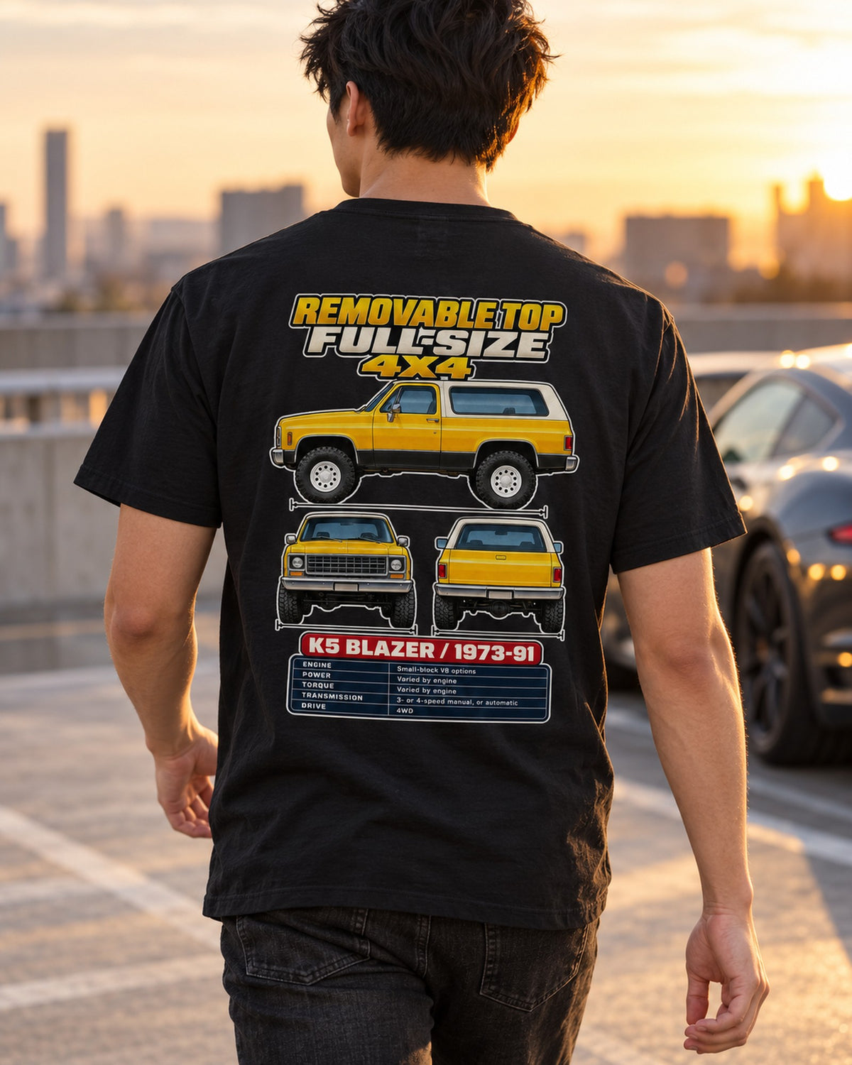 Chevrolet K5 Blazer Spec Sheet Full-Back Graphic Tee T-Shirt Black worn hero