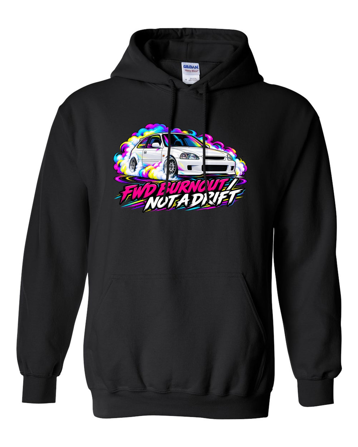 Neon pop style print of a Honda Civic Type R EK9 doing a FWD burnout with not a drift text black pull over hoodie front view with the design