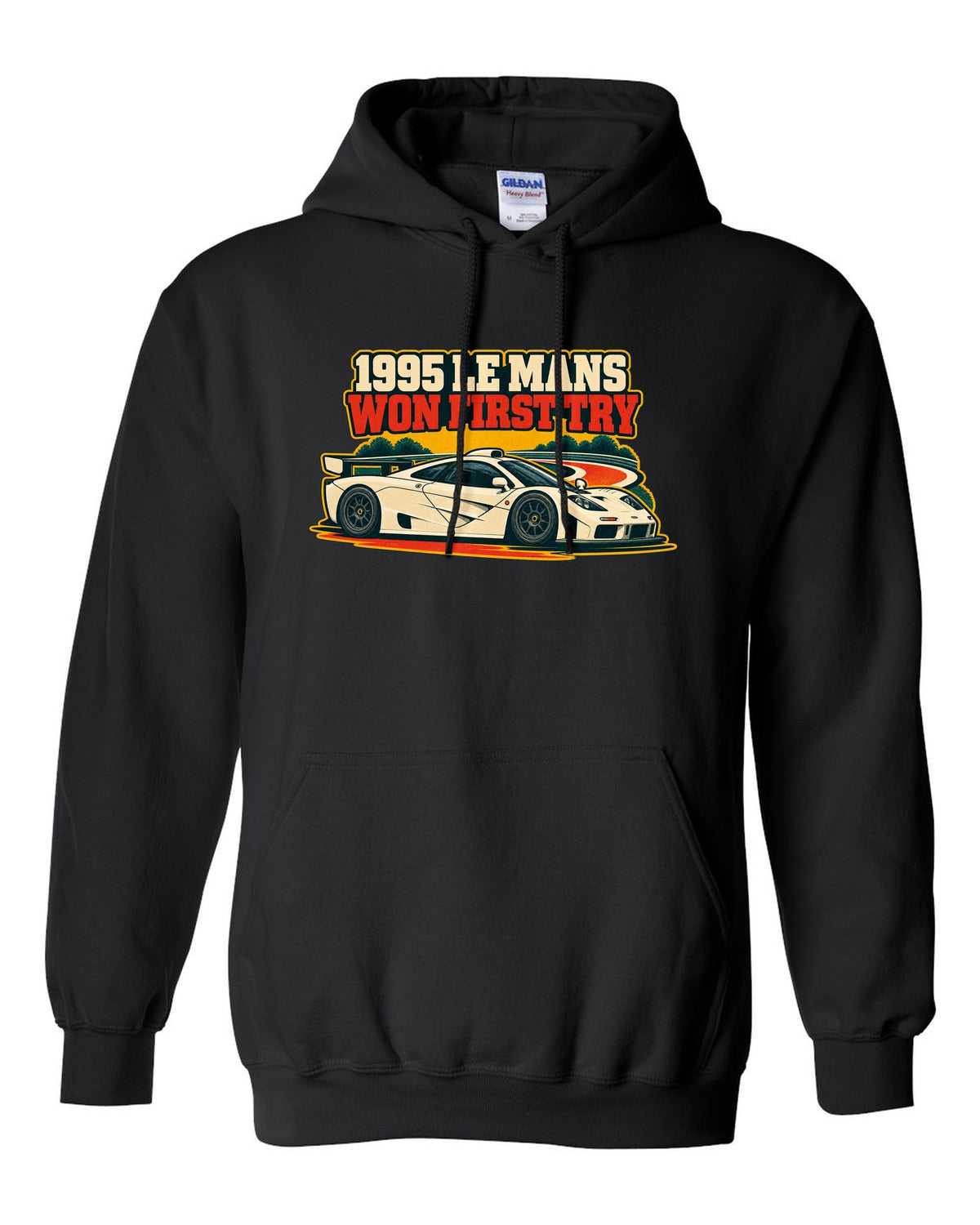 Vintage race poster print of the McLaren F1 GTR with 1995 Le Mans Won First Try lettering black pull over hoodie front view with the design