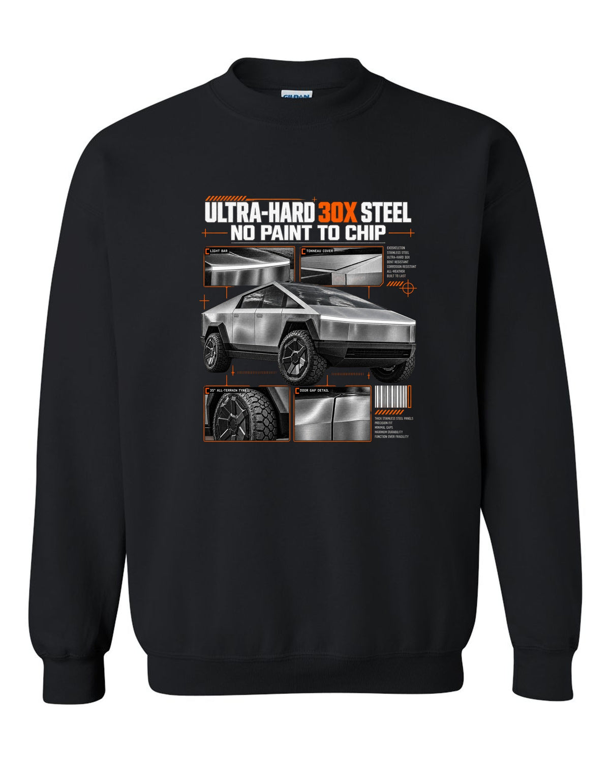 Tesla Cybertruck 2023 dossier panel graphic with ultra-hard 30X steel and no paint to chip black crewneck front view with the design