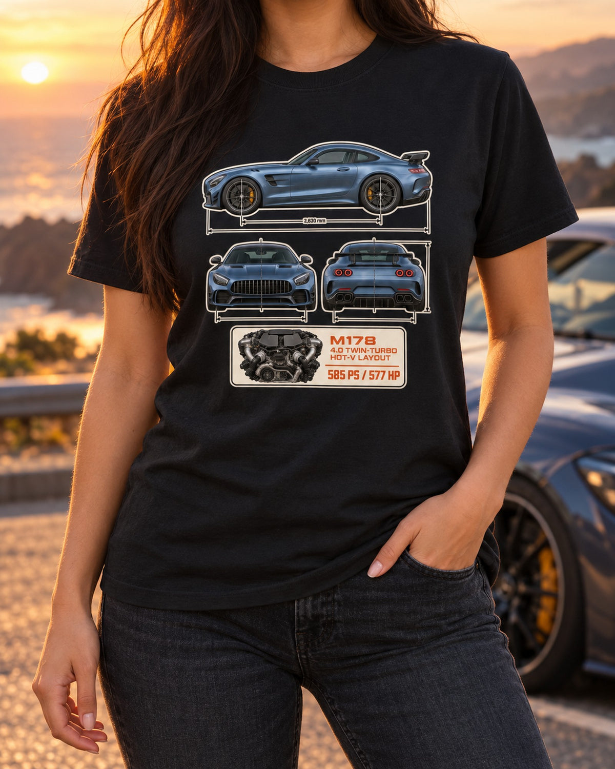 Mercedes-AMG GT R C190 Dimension Blueprint Shirt, M178 V8 T-Shirt Black worn hero