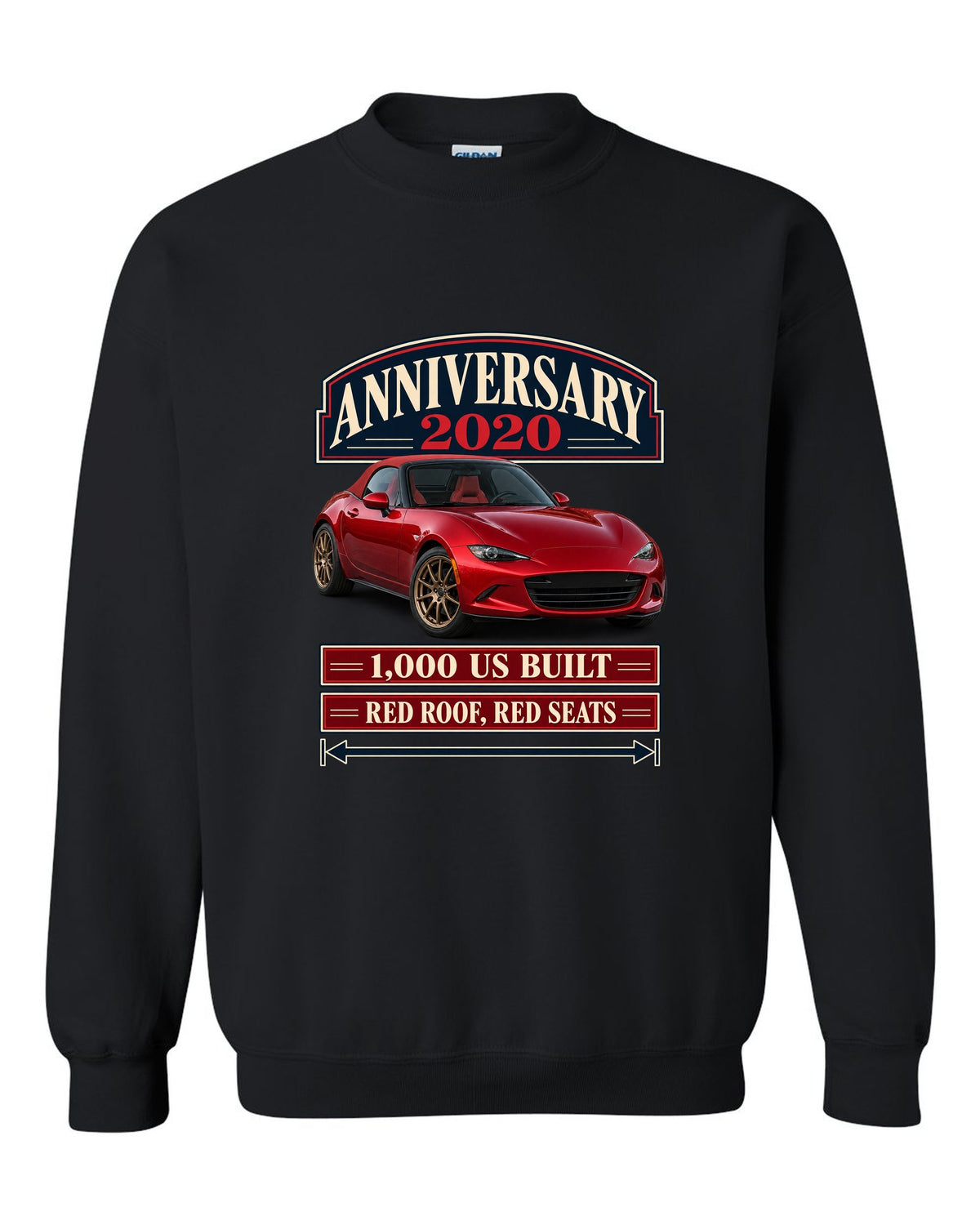 Archive panel layout of a 2020 Mazda MX-5 ND 100th Anniversary Edition with red roof and seats black crewneck front view with the design