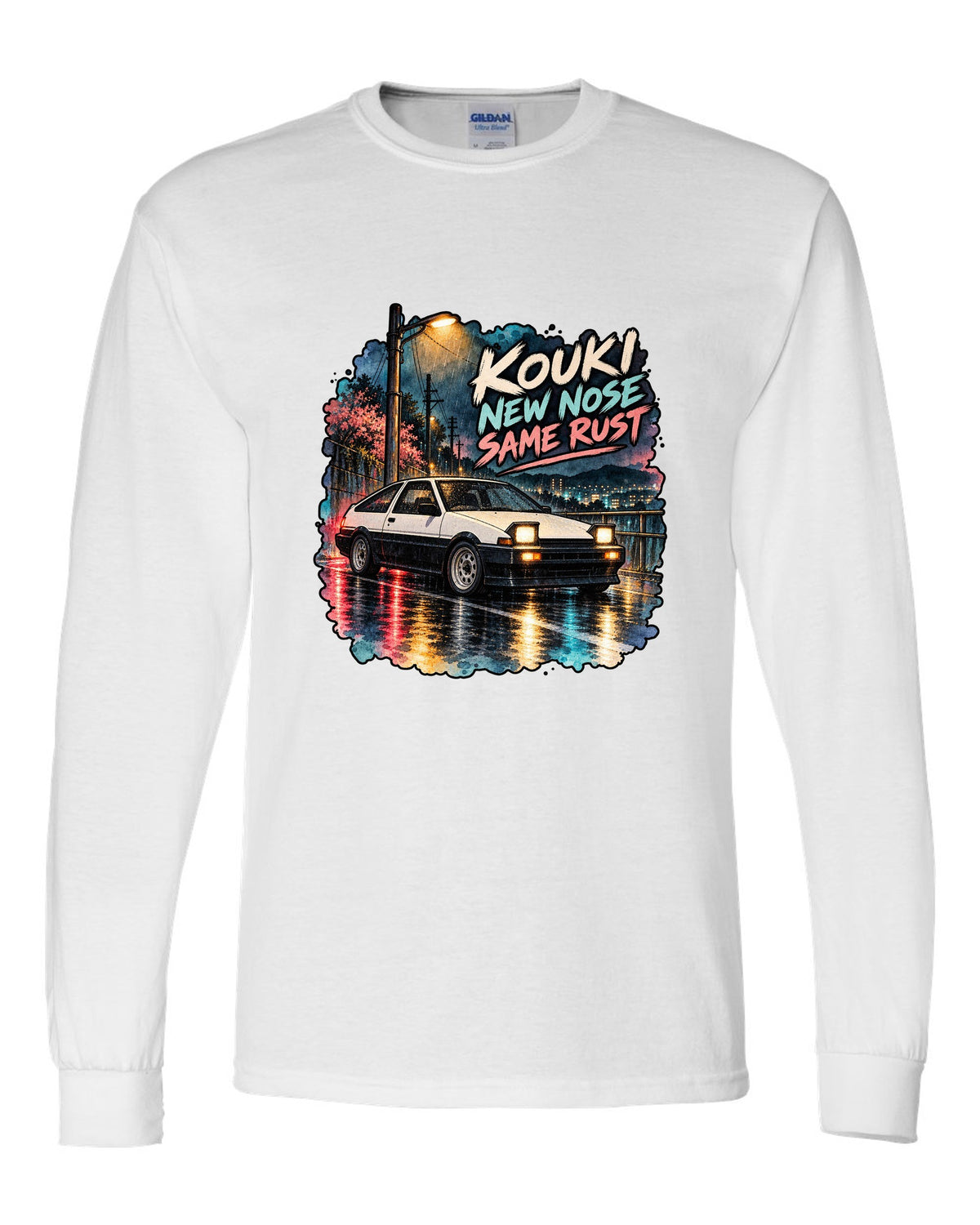 Watercolour wet street night scene with the Toyota AE86 Sprinter Trueno kouki white long sleeve front view with the design