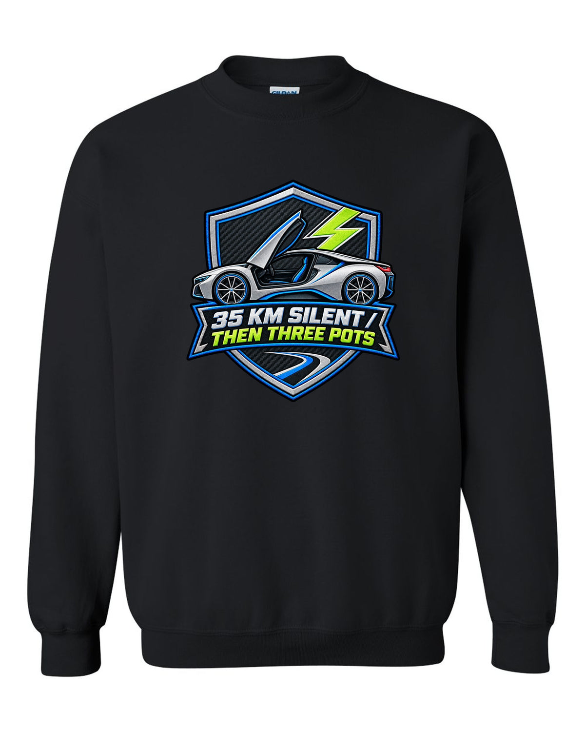 Stencil spray-paint print of BMW X5 M F85 quad exhaust pipes black crewneck front view with the design