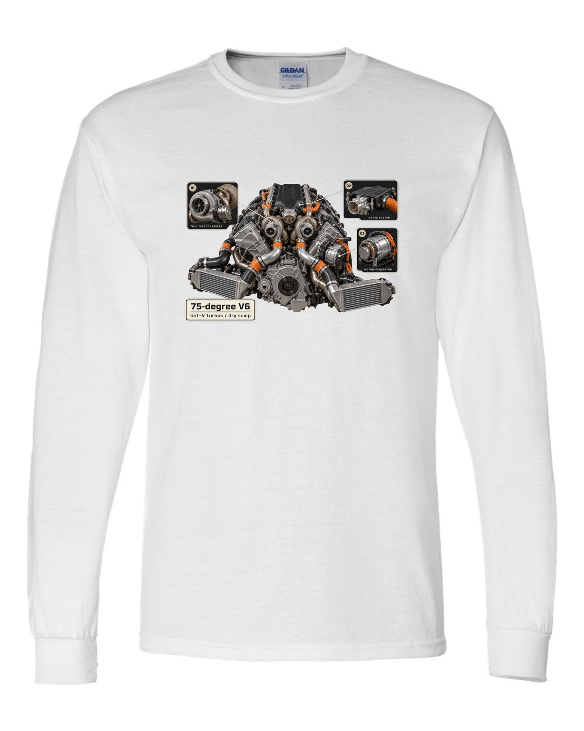 Engine bay print of an Acura NSX NC1 3.5L twin-turbo V6 white long sleeve front view with the design