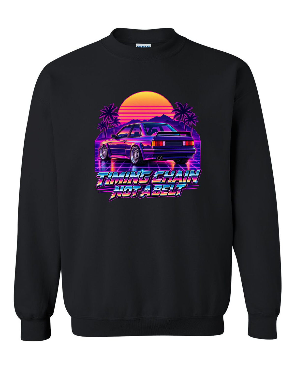 Synthwave outrun illustration of a BMW E30 M3 taillights at dusk with timing chain text black crewneck front view with the design