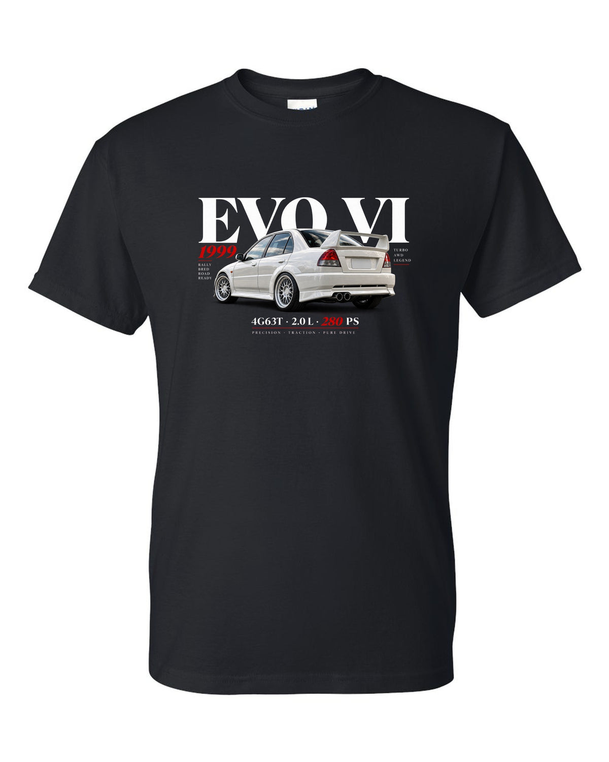 Mitsubishi Lancer Evolution VI TME CP9A editorial headline with 4G63T specs black t-shirt front view with the design