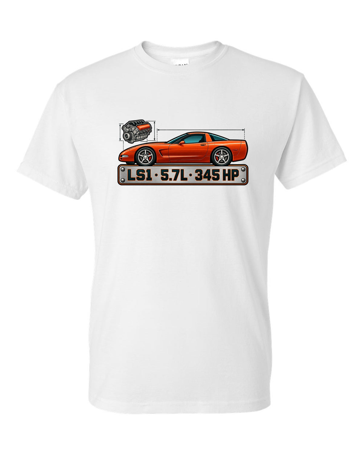Spec-sheet style print of a 1997 Chevrolet Corvette C5 coupe with LS1 5.7L 345 HP lettering white t-shirt front view with the design