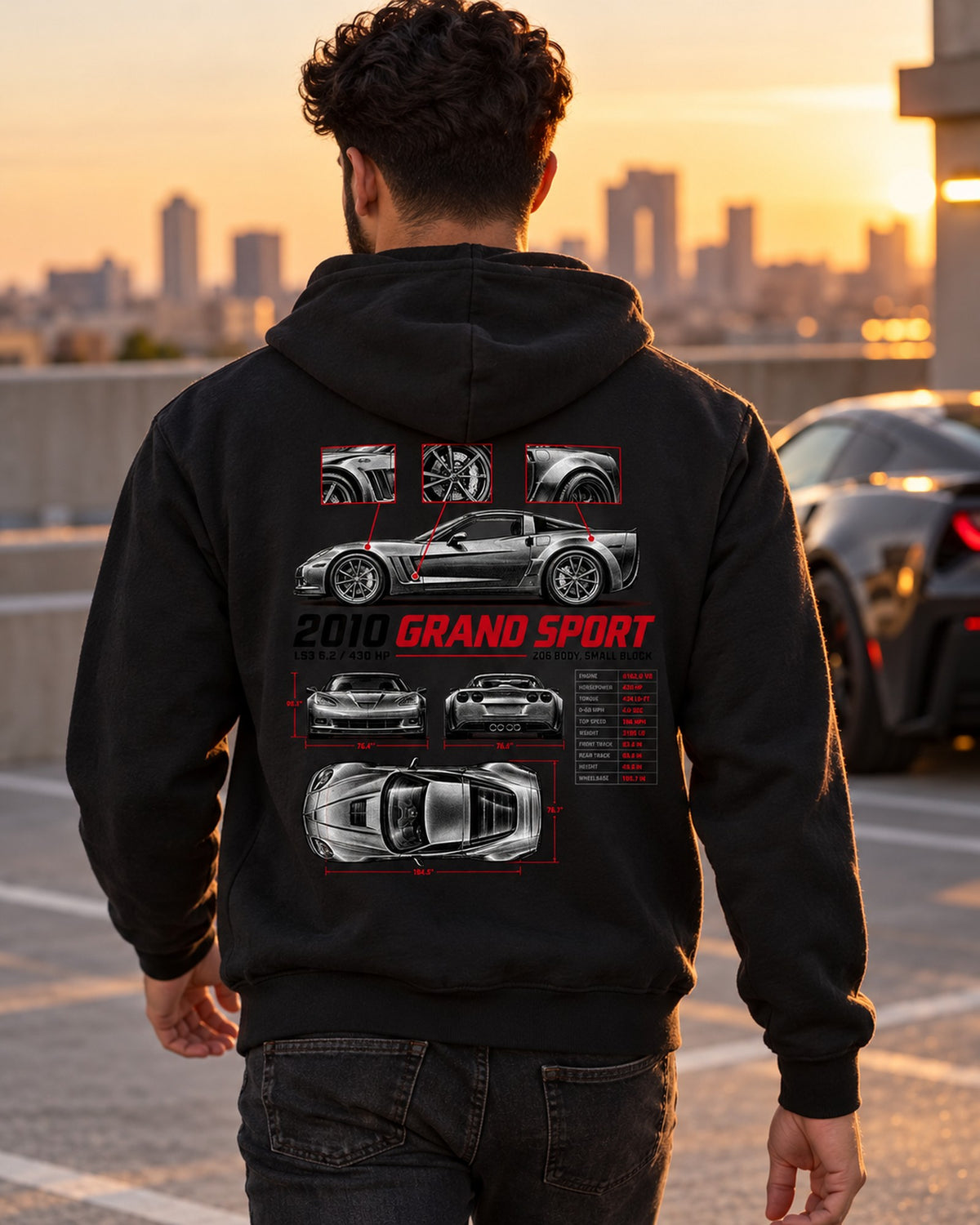 Corvette C6 Grand Sport 2010 Spec Poster Tee, LS3 430 HP Zip Hoodie Black worn hero