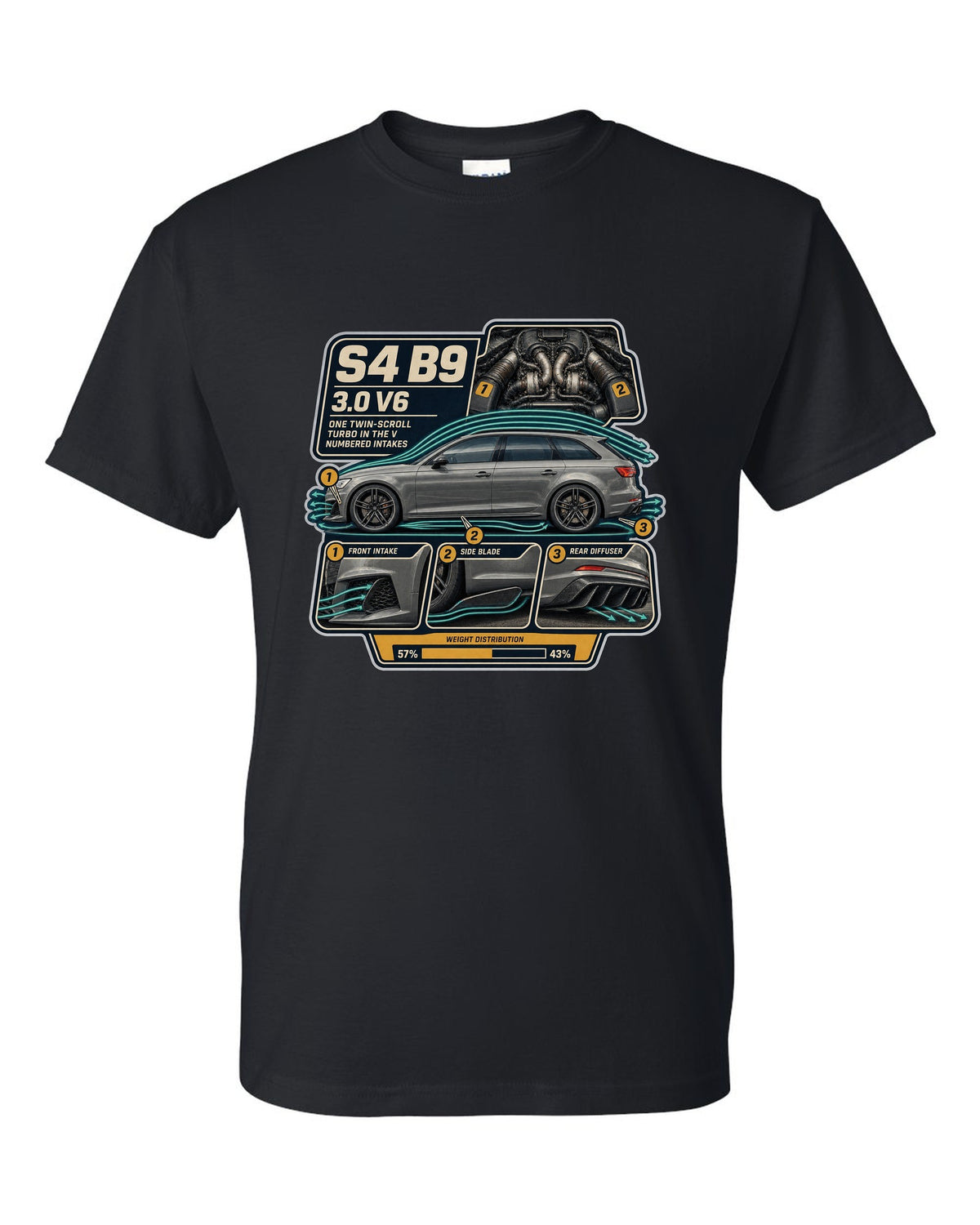 Audi S4 Avant B9 airflow cutaway with numbered intake callouts print black t-shirt front view with the design