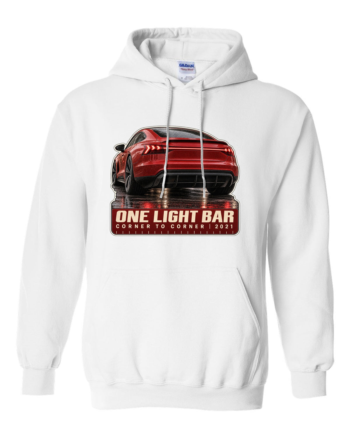 Audi RS e-tron GT rear light bar macro print design white pull over hoodie front view with the design