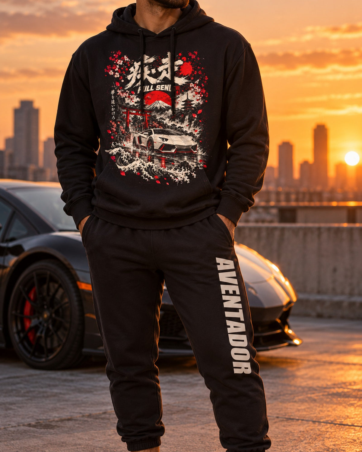 Lamborghini Aventador Dream Car Hoodie + Jogger Set Black worn hero
