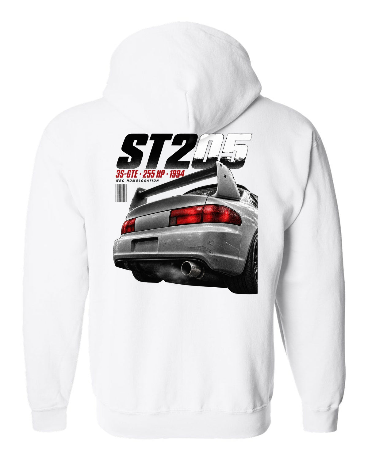 Macro detail of the Toyota Celica GT-Four ST205 rear wing with 3S-GTE text white zip hoodie back view with the design