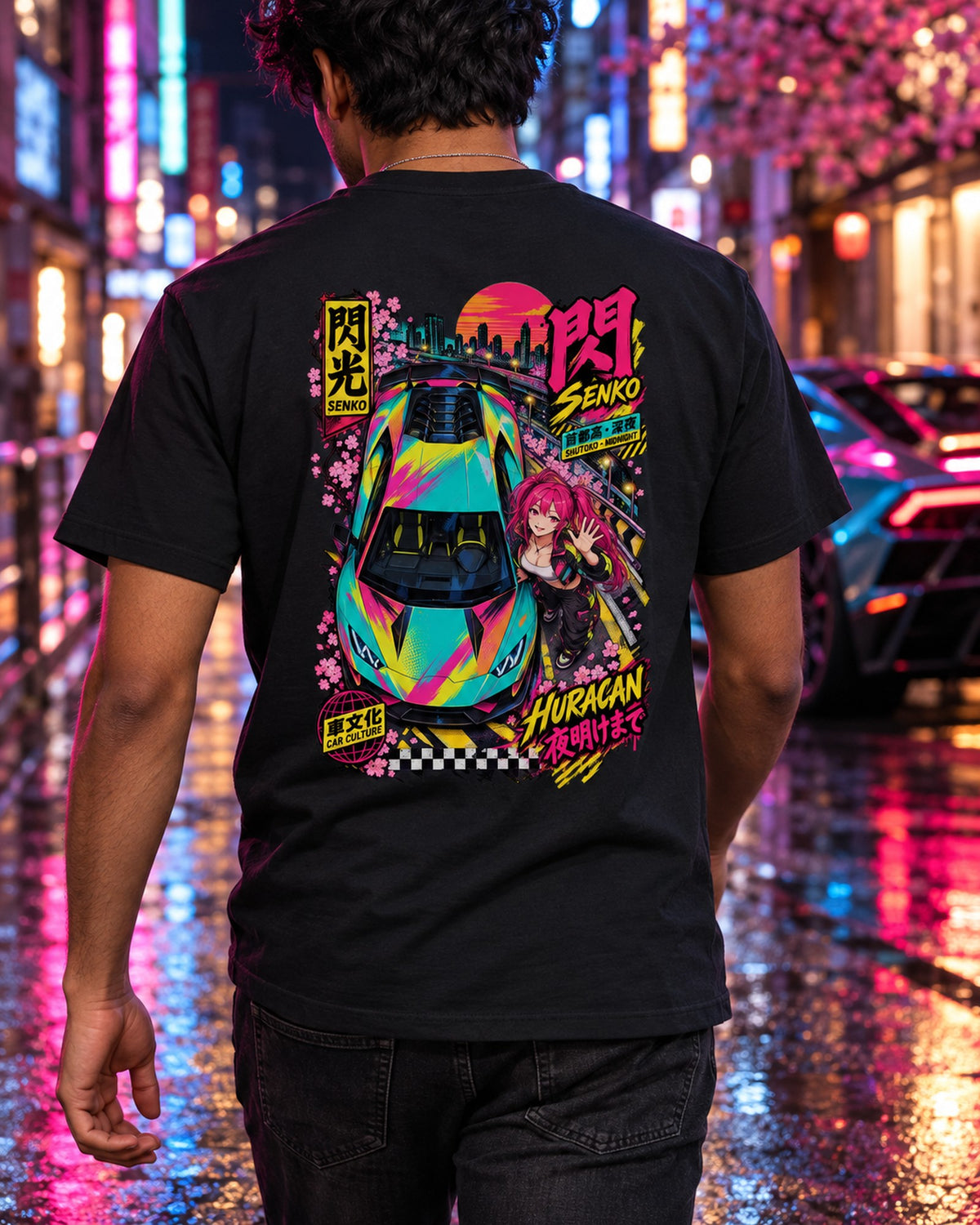 SENKO HURACAN Anime Girl Full-Back Graphic Tee T-Shirt Black worn hero