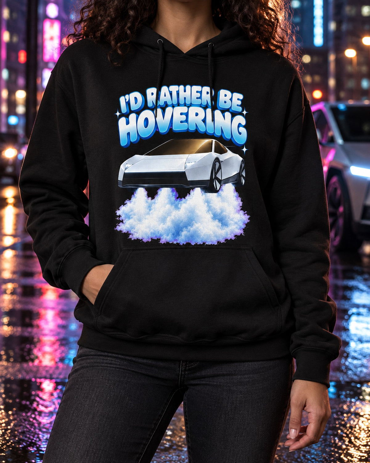 I'd Rather Be Hovering Tesla Roadster Shirt, Hoodie & More Pull Over Hoodie Black worn hero