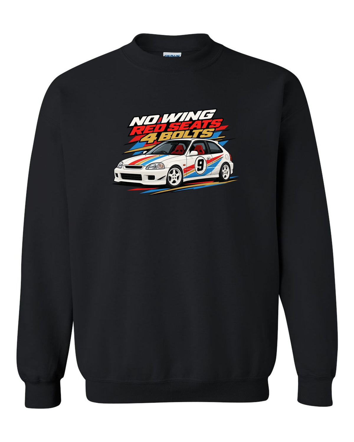 Retro racing livery print of a Honda Civic Type R EK9 with no wing red seats 4 bolts text black crewneck front view with the design