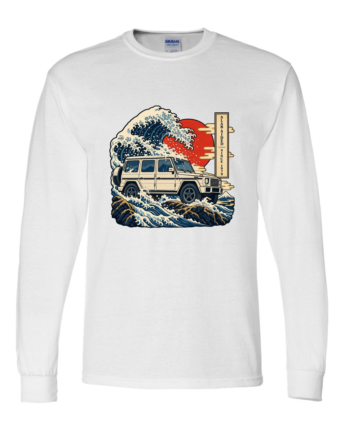 Bold crest graphic reading 577 HP and 2.5 Tonnes for the Mercedes G63 W464, print white long sleeve front view with the design