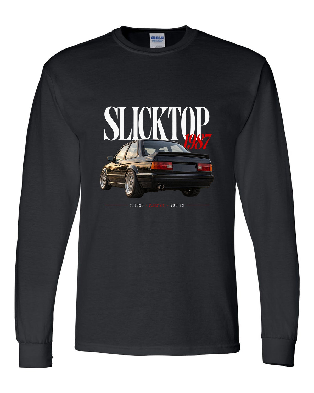 BMW E30 M3 Slicktop 1987 editorial headline print with S14B23 spec text black long sleeve front view with the design