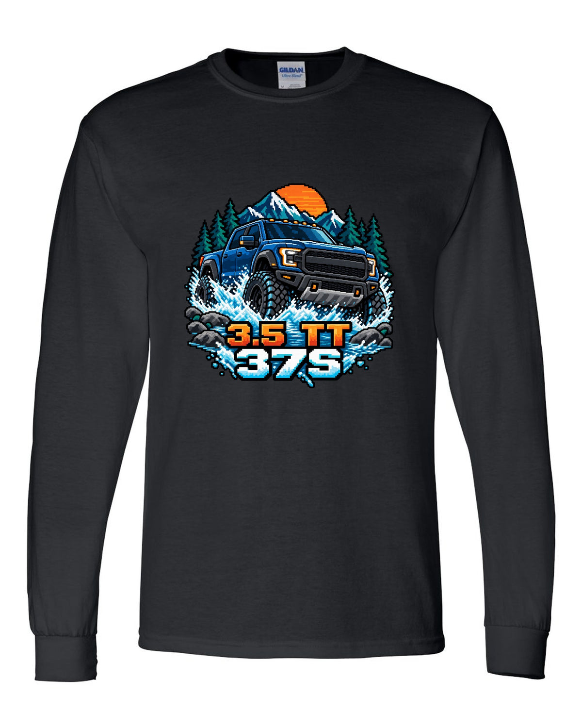 8/16-bit pixel art print of a Ford F-150 Raptor Gen 3 P702 crossing a river black long sleeve front view with the design