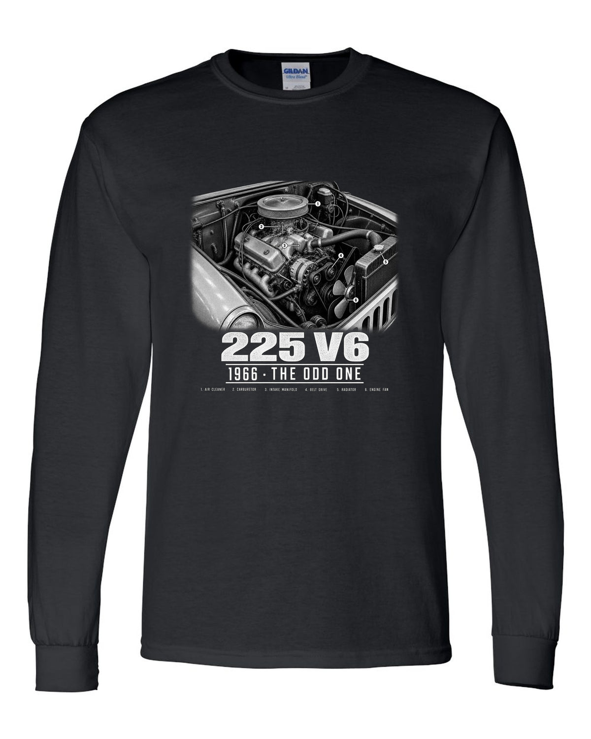 Engine hero print for the Jeep CJ-5 225 V6, 1966 black long sleeve front view with the design