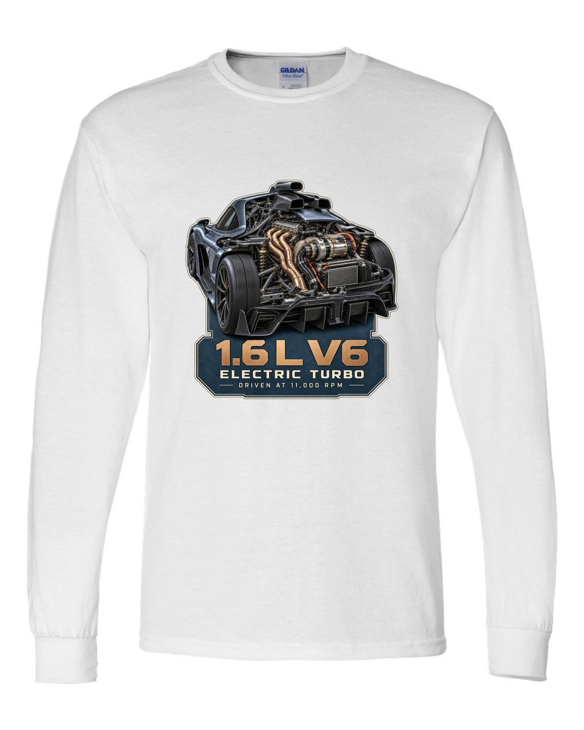Mercedes-AMG One 1.6 L V6 hybrid power unit engine illustration white long sleeve front view with the design