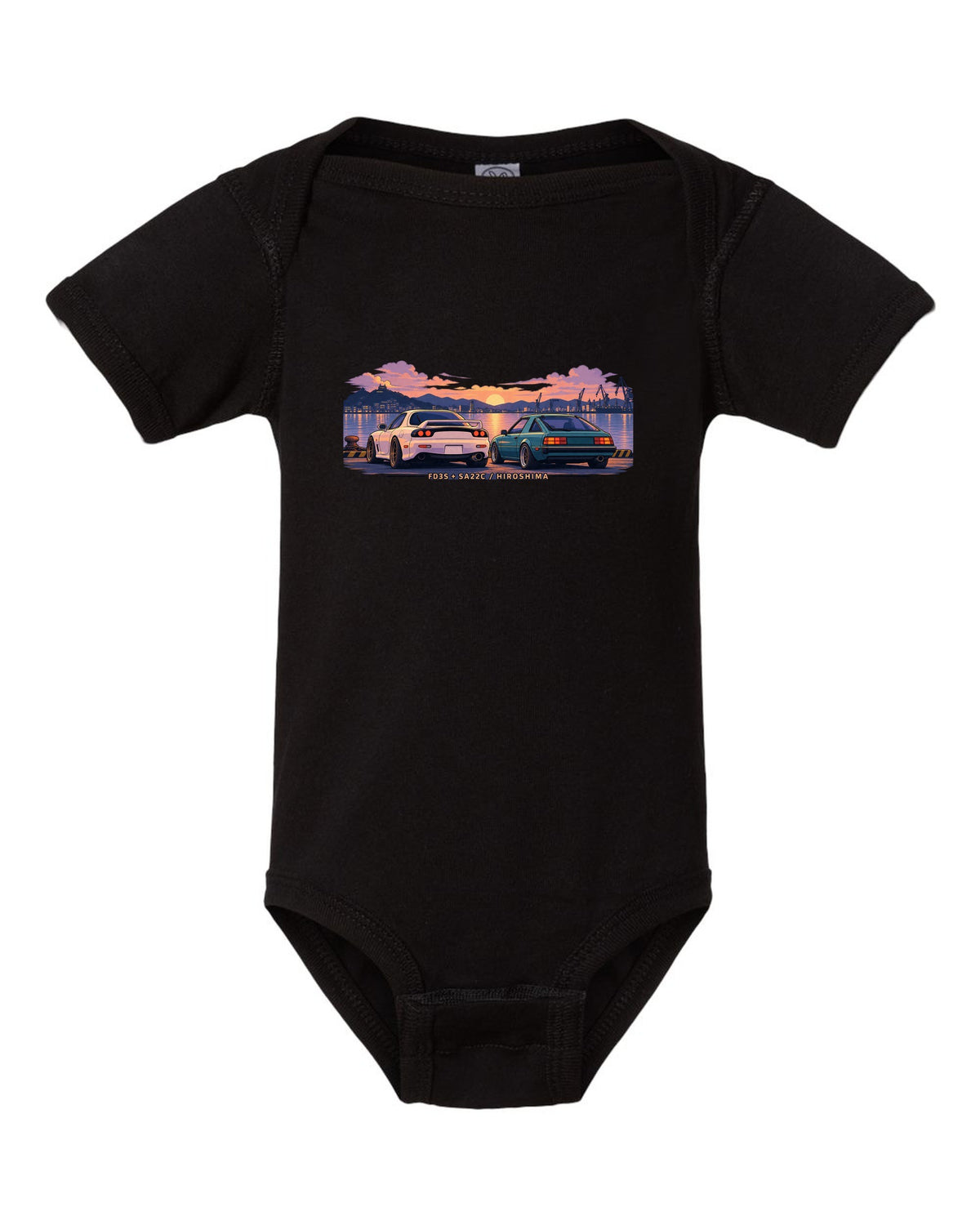Ukiyo-e woodblock illustration of a Mazda RX-7 FD3S on a touge hairpin with 50/50 / 1280 KG lettering black baby onesie front view with the design