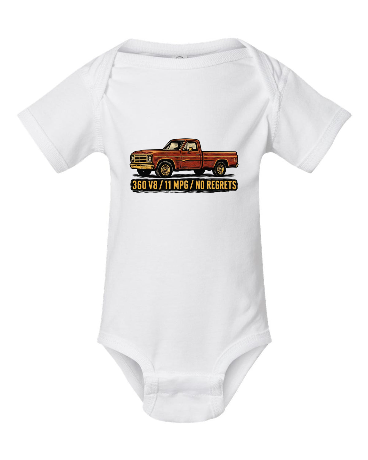 Dent-Side Ford F-150 1973-79 Crease Linocut white baby onesie front view with the design