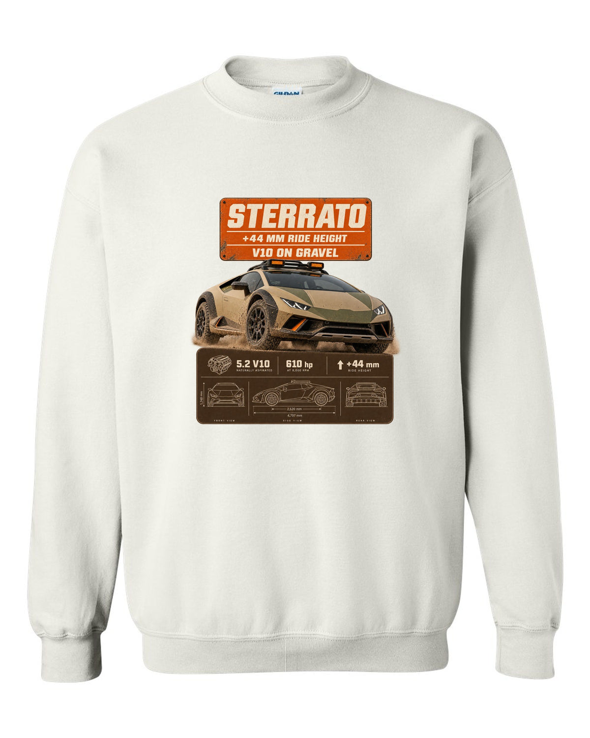 Spec poster print of the Lamborghini Huracan Sterrato white crewneck front view with the design