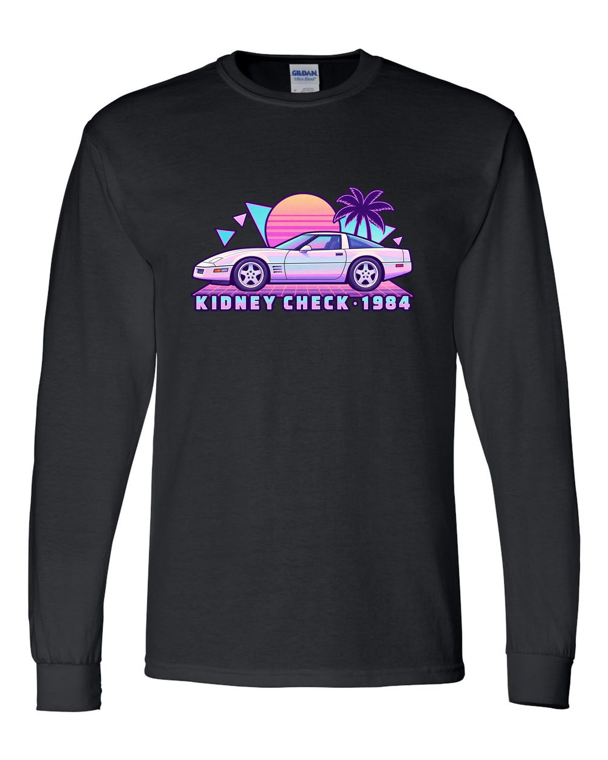 Pastel vaporwave print of a 1984 Chevrolet Corvette C4 coupe with Kidney Check text black long sleeve front view with the design