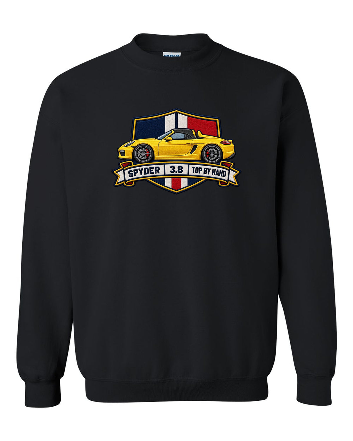Embroidery-style crest design for the Porsche 981 Boxster Spyder with 3.8 and top by hand lettering black crewneck front view with the design