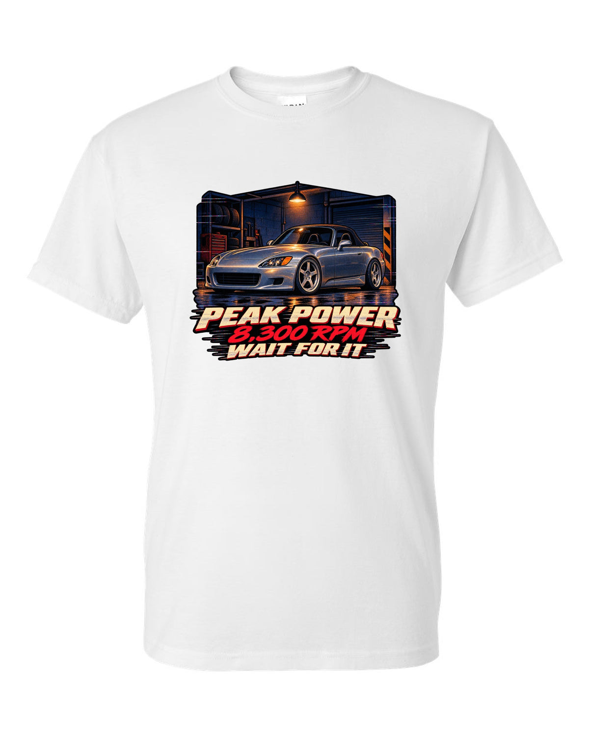 Lo-fi VHS cover style print of a Honda S2000 AP1 with 8,300 RPM wait for it text white t-shirt front view with the design