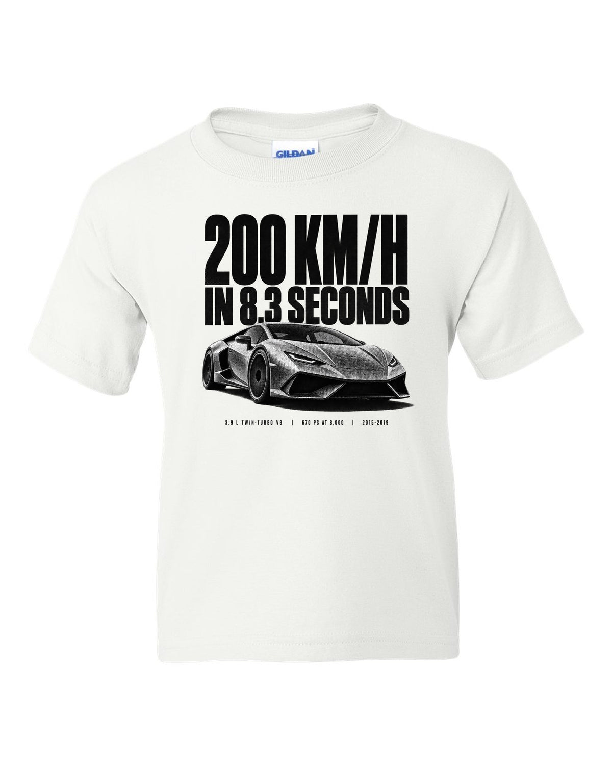 Halftone print of a Ferrari 488 GTB front three-quarter with the text 200 km/h in 8.3 seconds white kids tee front view with the design