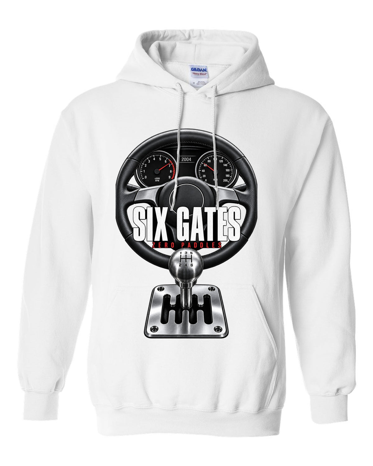 Cockpit print of a Lamborghini Gallardo with gated six-speed shifter and Six Gates text white pull over hoodie front view with the design