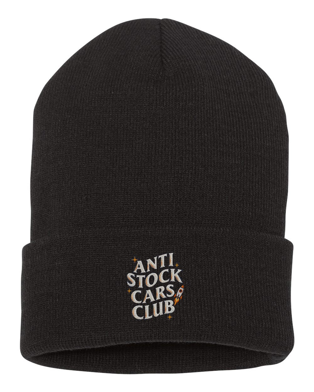 Anti Stock Cars Club Space Mission Patch Shirt, Hoodie & More black beanie front view with car name