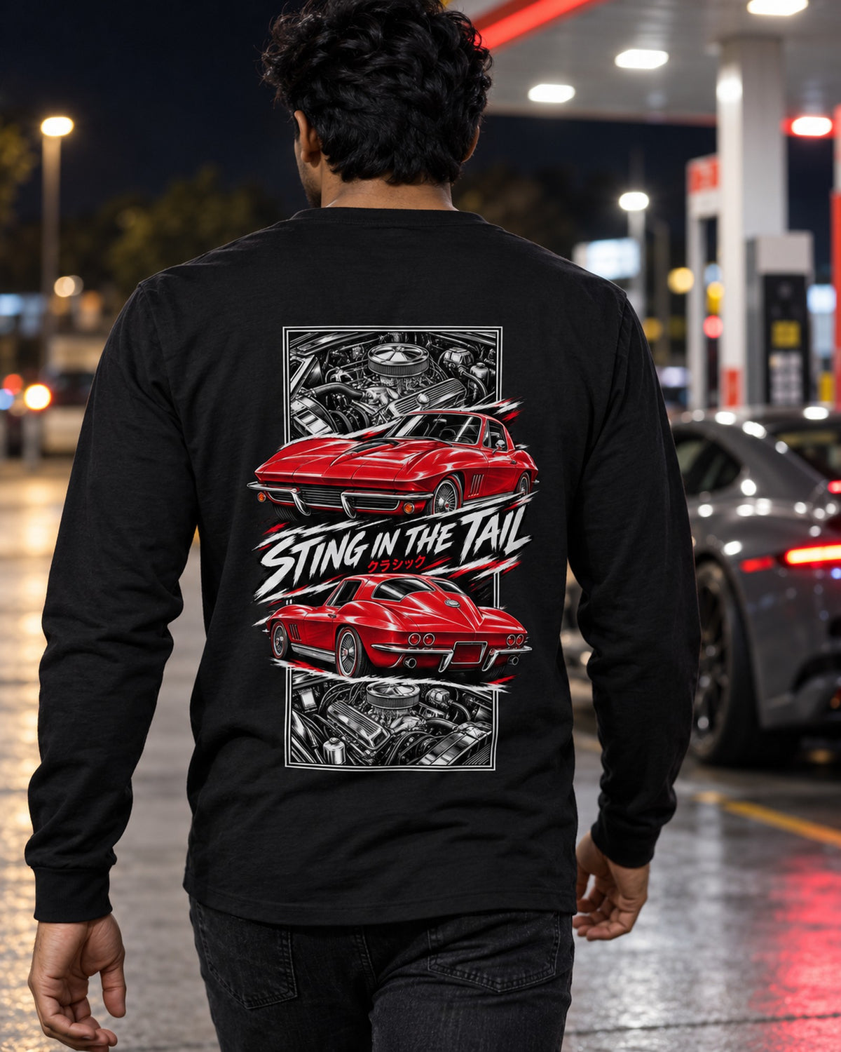 Corvette C2 Torn Poster Full-Back Graphic Tee Long Sleeve Black worn hero