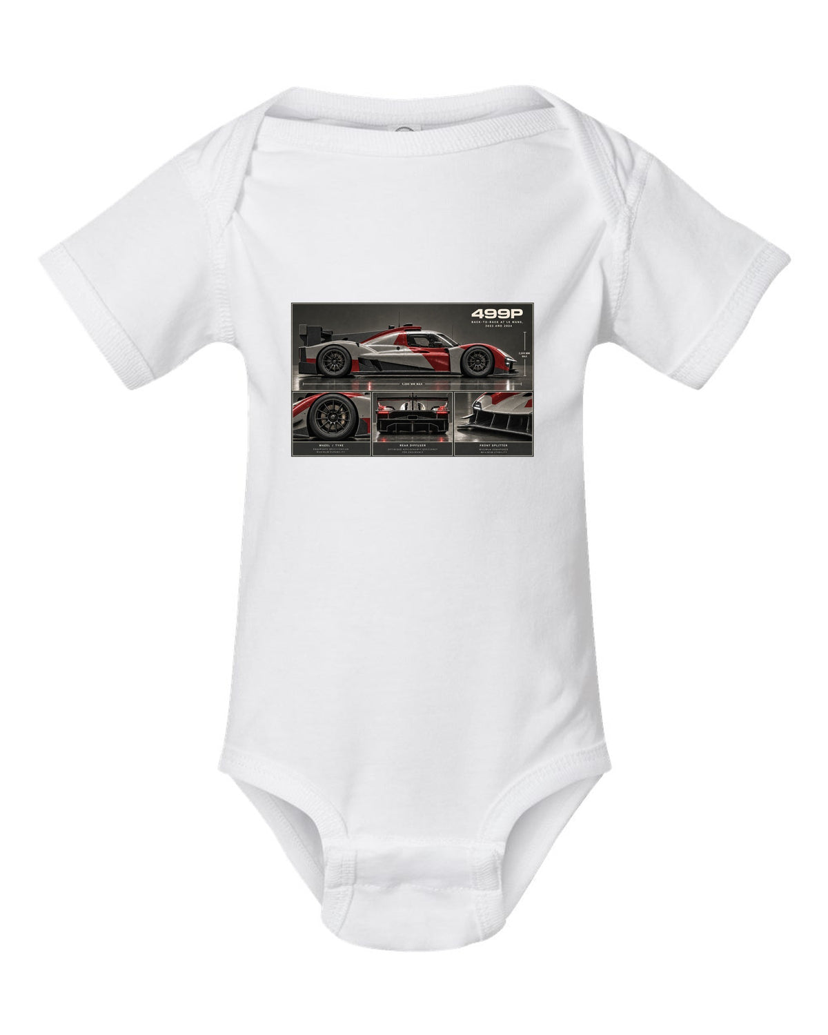 Ferrari 499P dossier panel print noting back-to-back at Le Mans 2023 and 2024 white baby onesie front view with the design