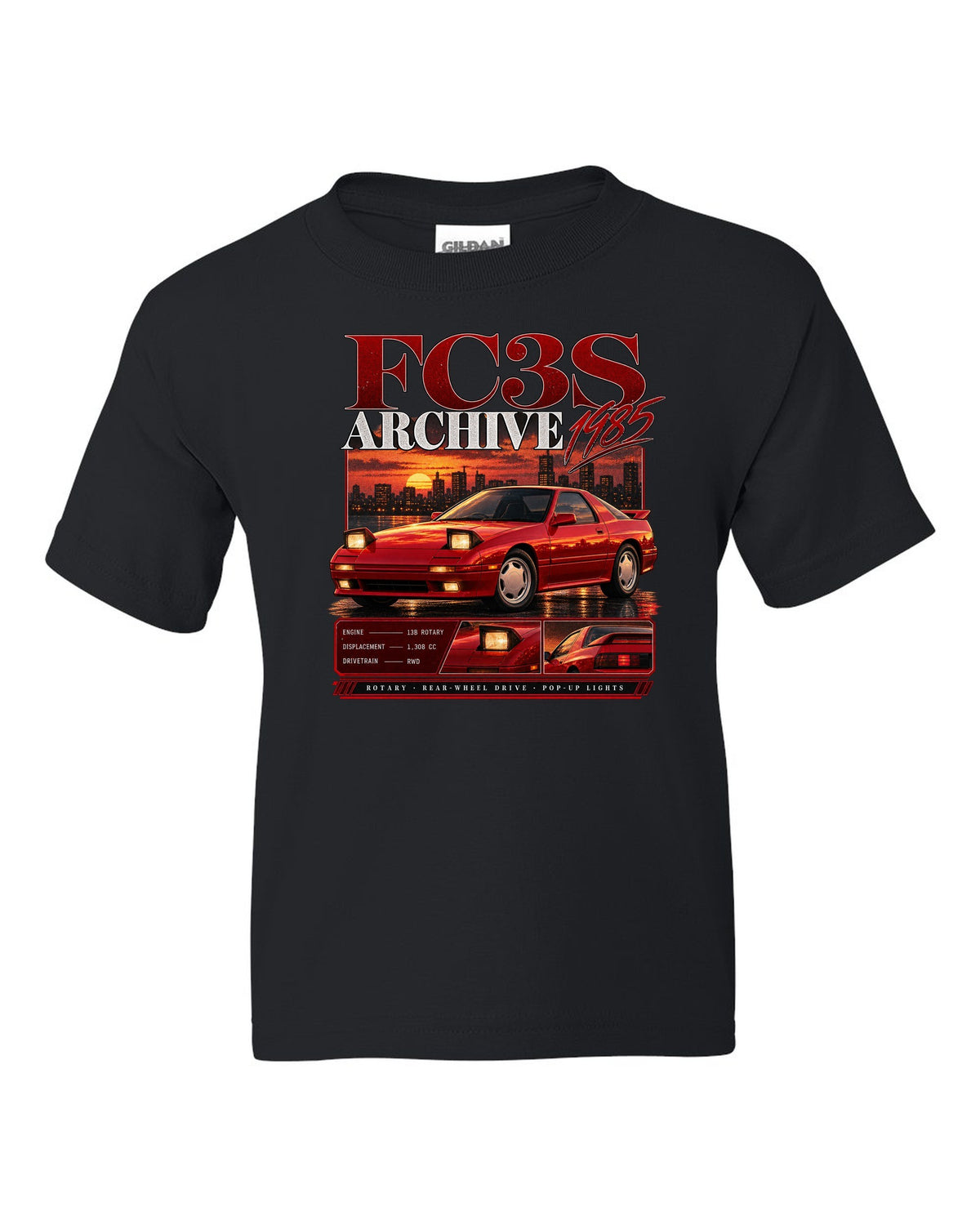 Archive panel print of a Mazda RX-7 FC3S with 13B rotary specs black kids tee front view with the design