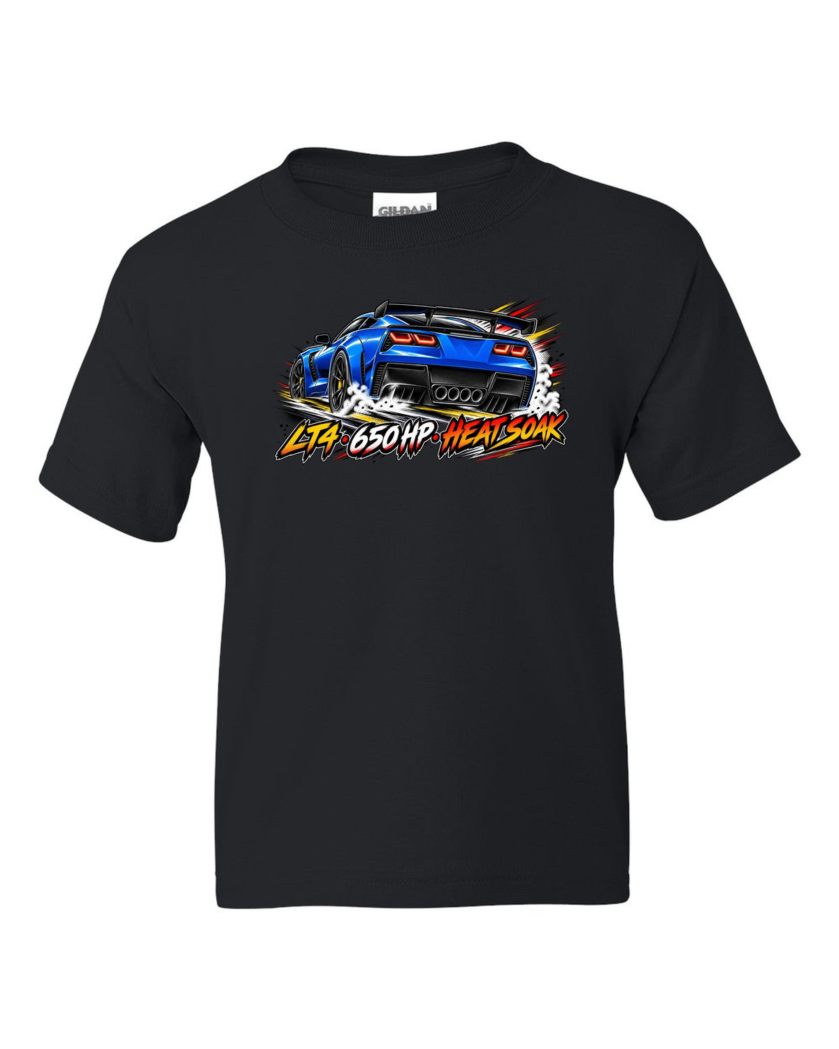 Retro manga halftone panel print of a 2016 Chevrolet Corvette C7 Z06 with LT4 650 HP heat soak lettering black kids tee front view with the design
