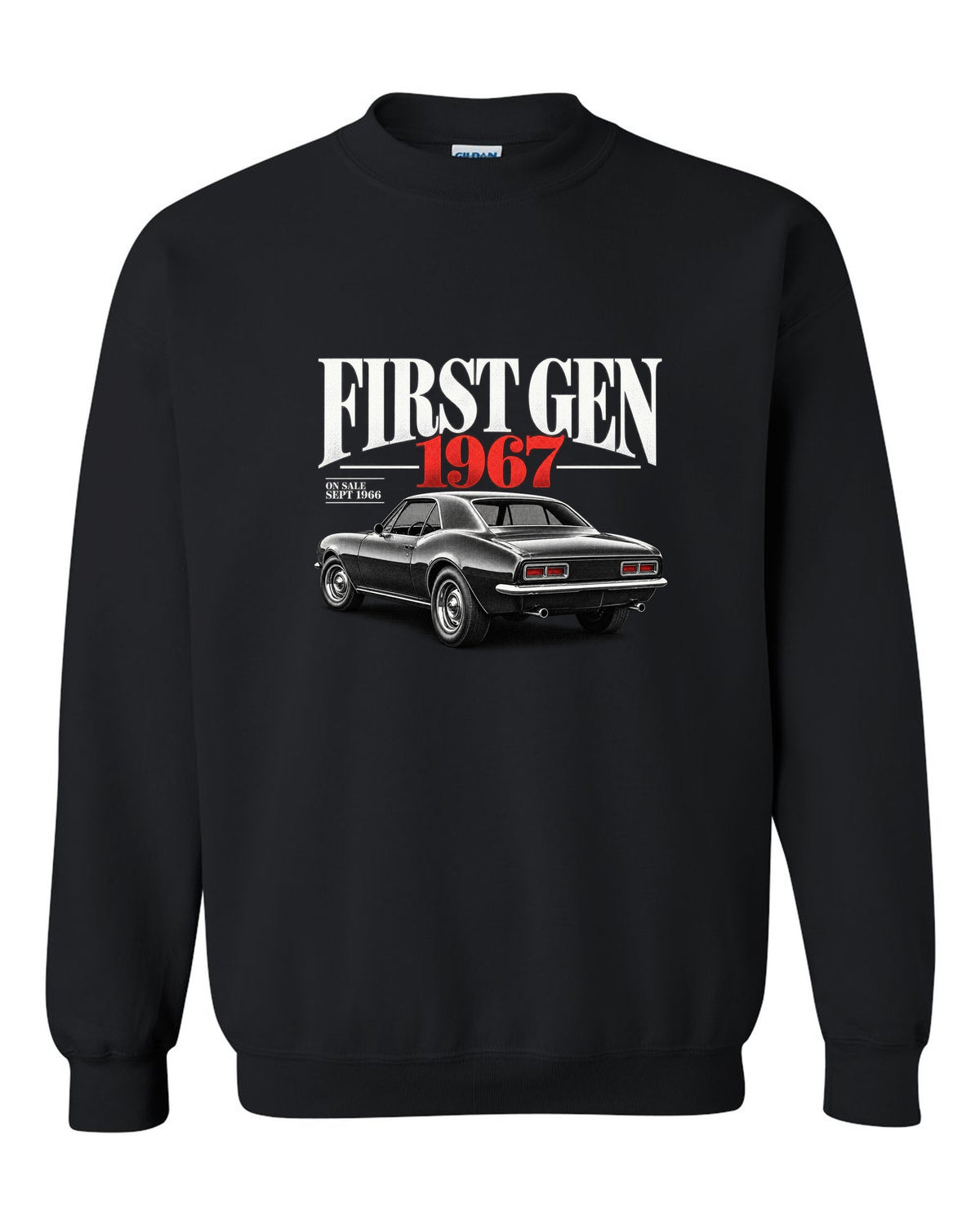Editorial headline print of a 1967 first-gen Chevrolet Camaro with September 1966 on-sale date black crewneck front view with the design