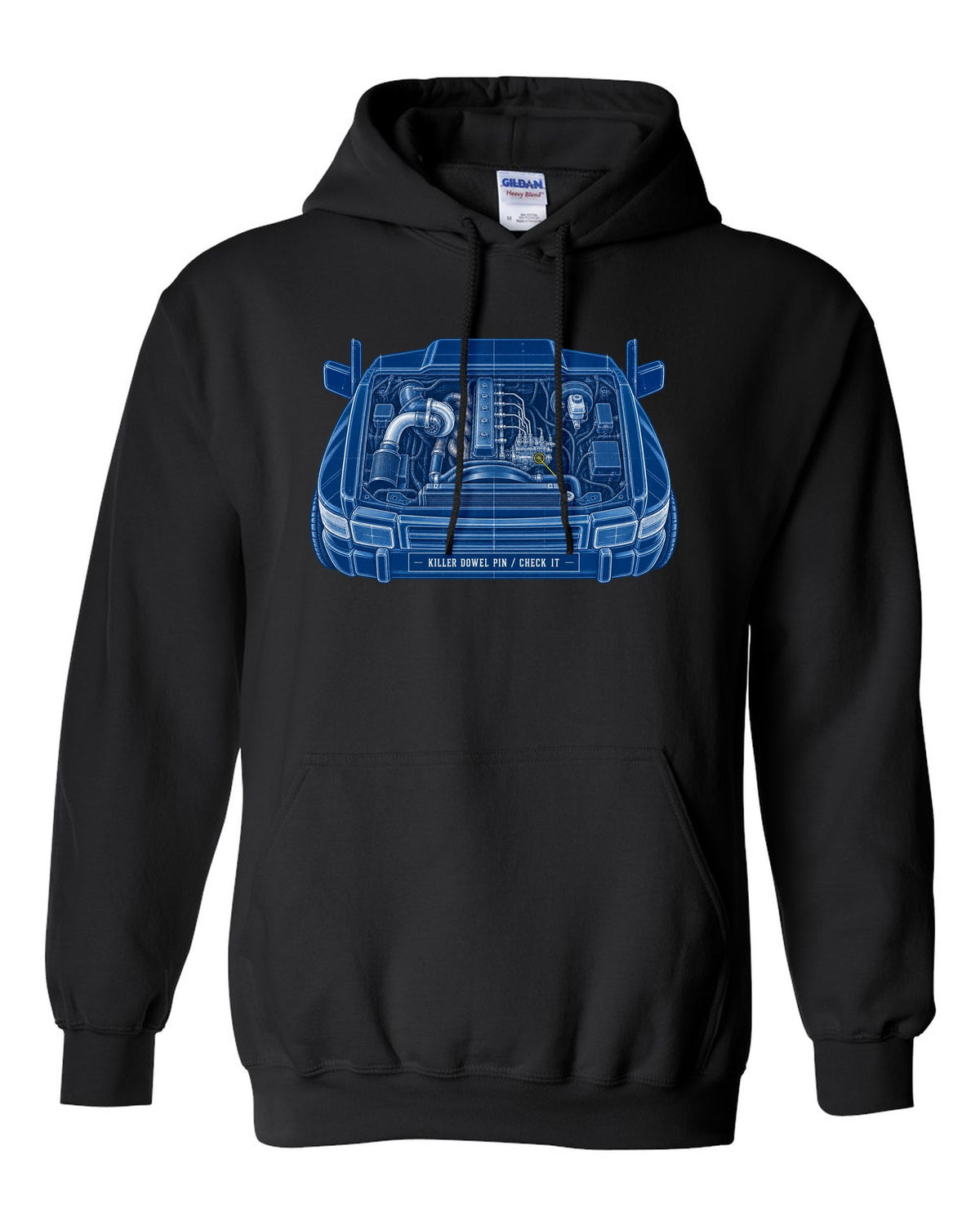 Cyanotype blueprint print of a 1994-1998 Dodge Ram 12V 5.9 Cummins engine bay black pull over hoodie front view with the design