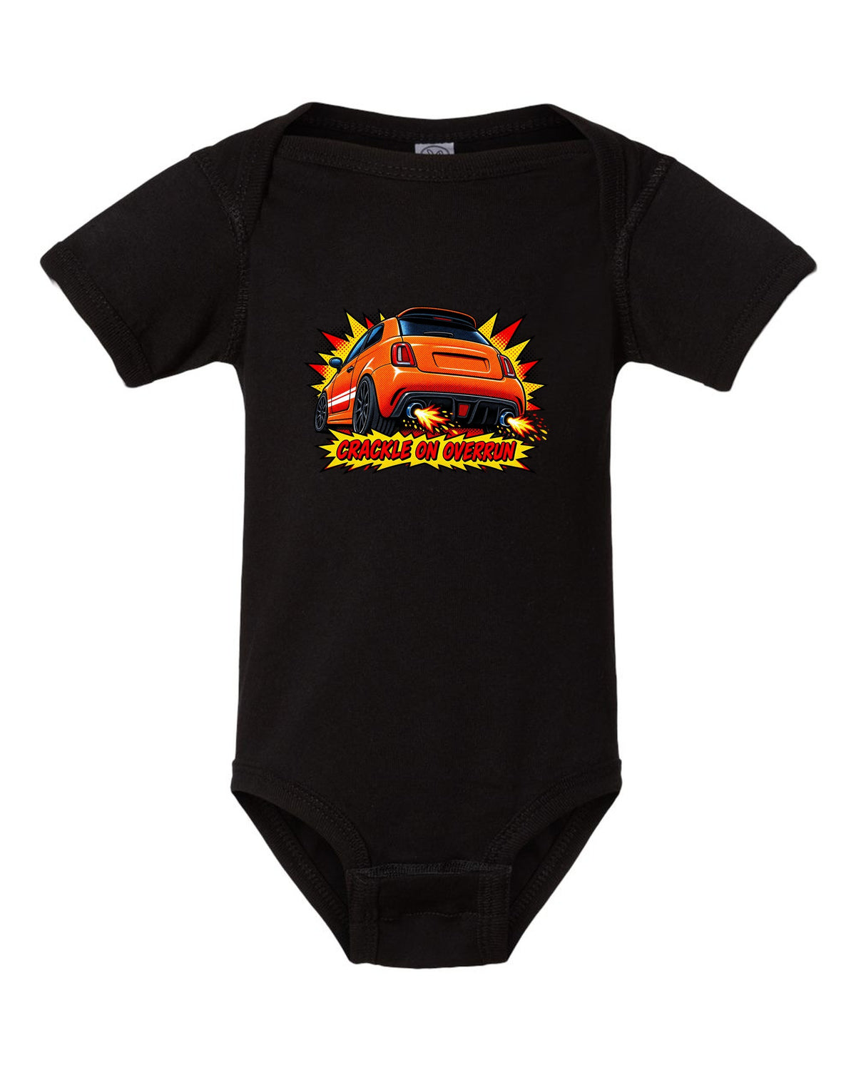 Comic halftone art of a Fiat 500 Abarth with crackle on overrun lettering black baby onesie front view with the design
