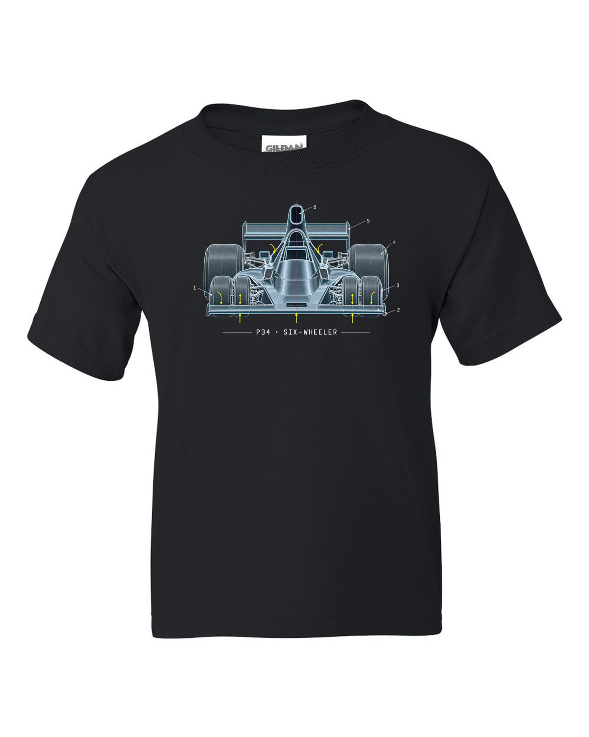 Blueprint patent-style drawing of the Tyrrell P34 six-wheeler black kids tee front view with the design