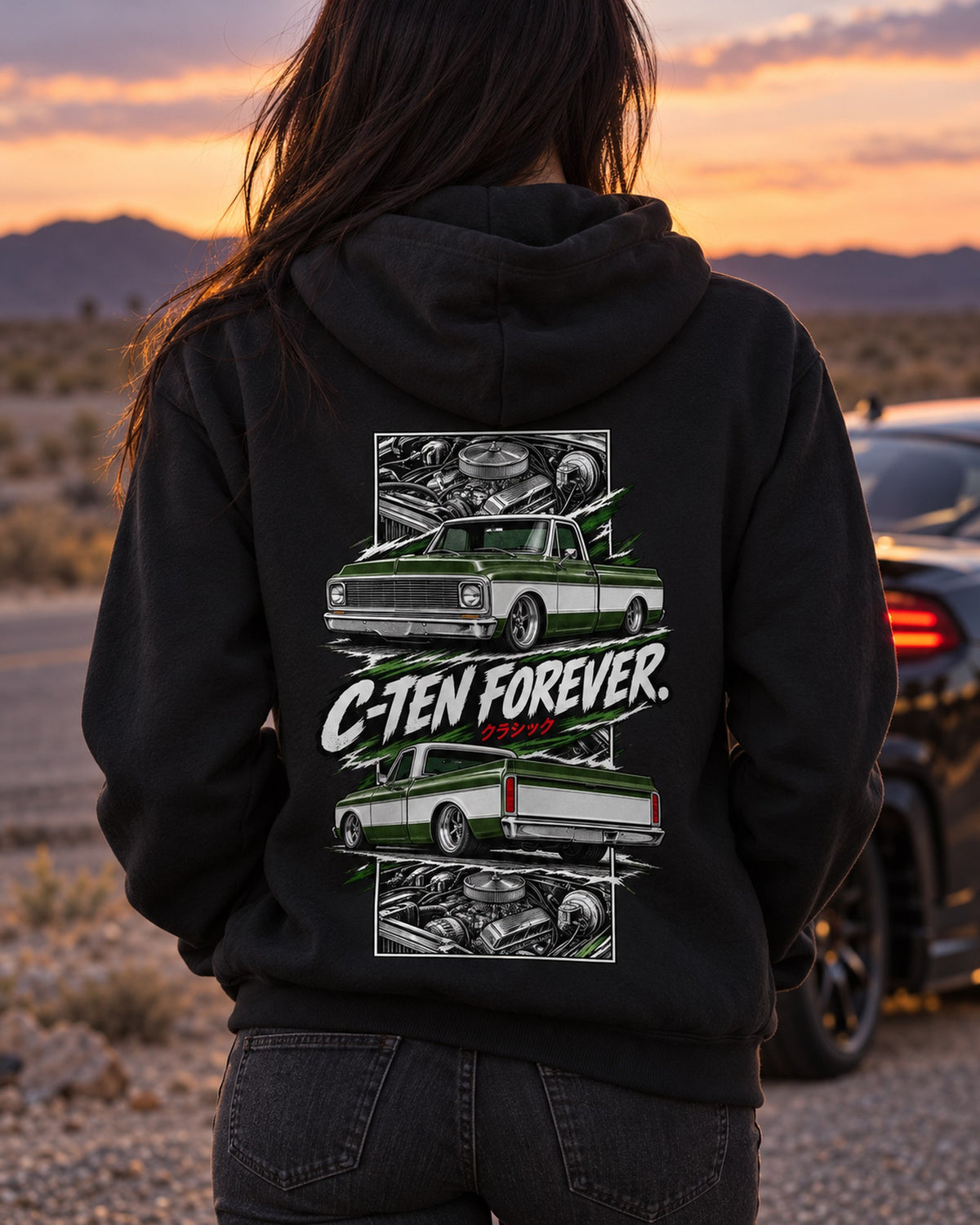 Chevy C10 1972 Torn Poster Full-Back Graphic Tee Zip Hoodie Black worn hero