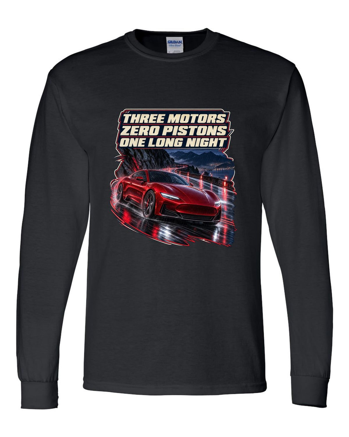 Maserati GranTurismo Folgore night street print black long sleeve front view with the design