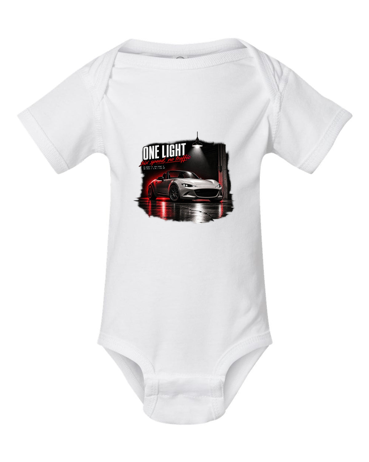 Garage night print for the 2015 Mazda MX-5 ND with 1.5L, 131 HP and six-speed lettering white baby onesie front view with the design