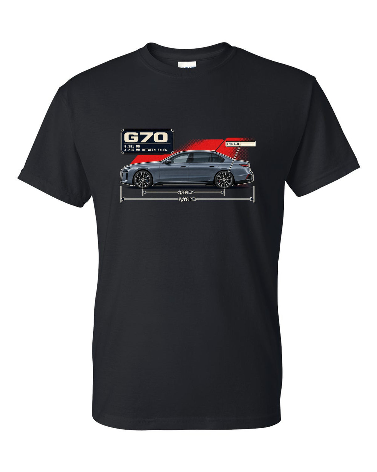 Dimension blueprint print of the BMW i7 M70 xDrive G70 black t-shirt front view with the design