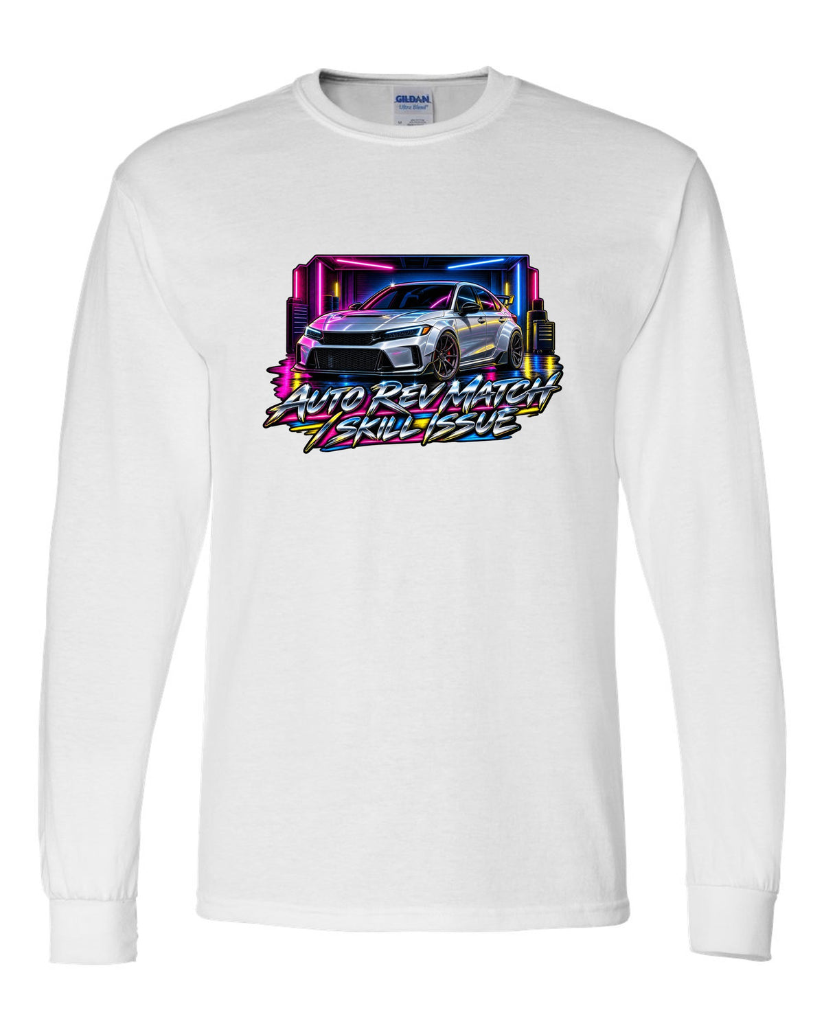 80s airbrush poster style print of a 2023 Honda Civic FL5 ch with auto rev match text white long sleeve front view with the design