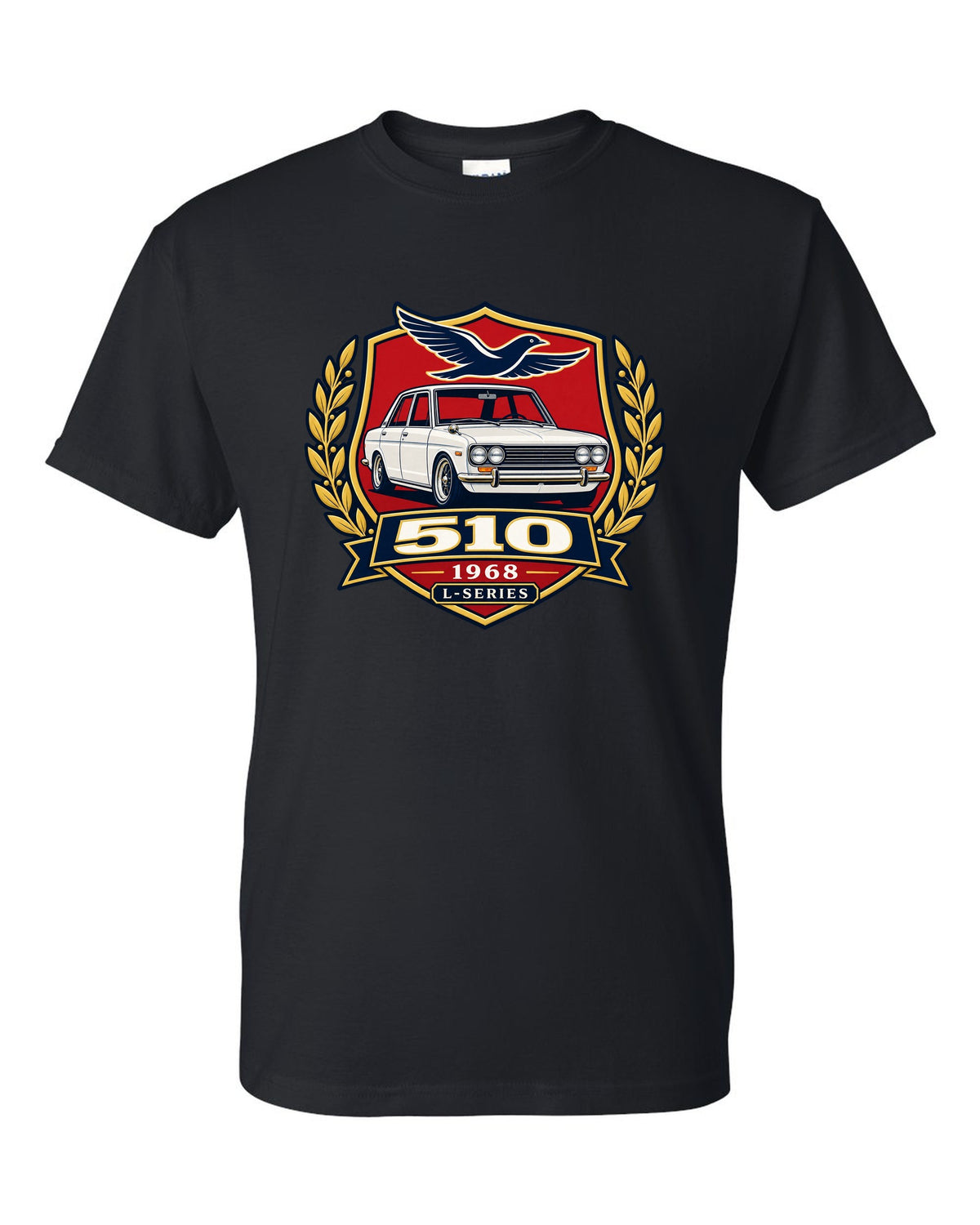 Shield crest print for the Datsun 510 with 510, 1968 and L-Series lettering black t-shirt front view with the design